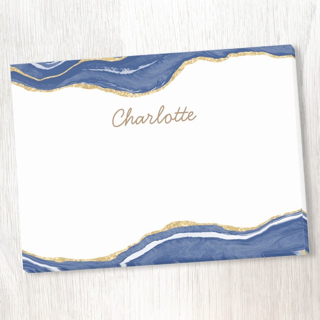 Bloco De Notas Marinho Azul Marble Agate Dourado Glitter Personal (Blue agate geode personalized custom name script post it sticky notes)
