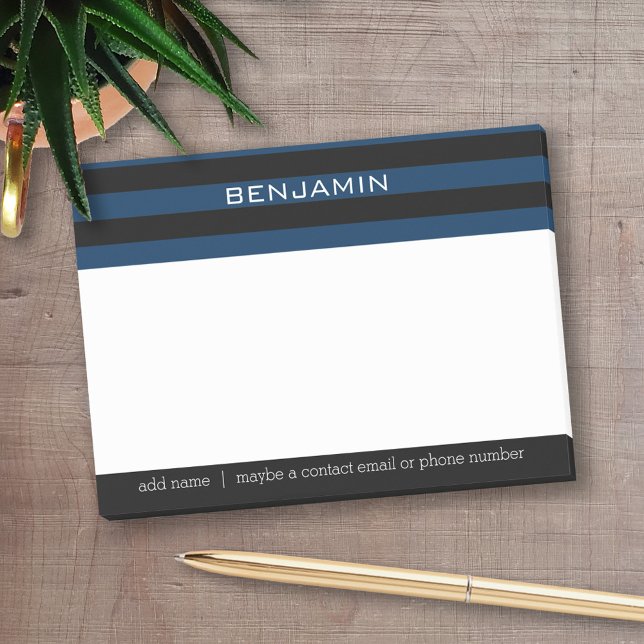 Bloco De Notas Marinho Blue e Black Rugby Stripes com nome person (Personalized Post-It Notes - add name or other text)
