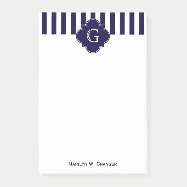 Bloco De Notas Marinho Blue White Stripes, Monograma do Rótulo do (Frente)