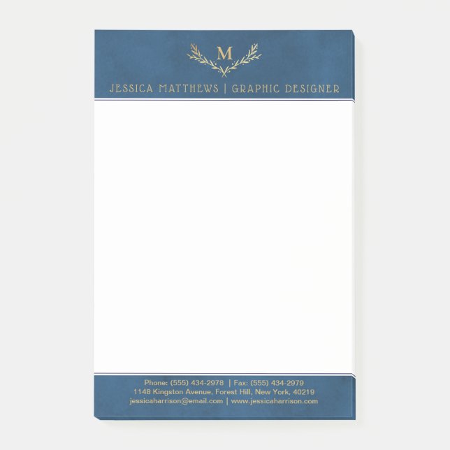 Bloco De Notas Marinho da Tendência Azul e Folha Ouro Monograma (Frente)