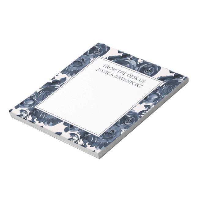 Bloco De Notas Marinho Elegante Azul Indigo Branco Floral Da Mesa (Invertido)
