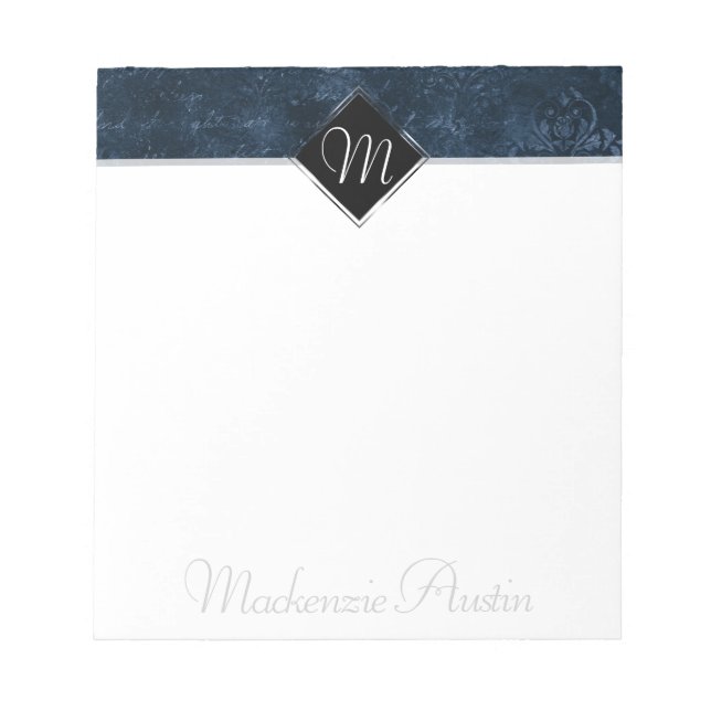 Bloco De Notas Marinho Velvity Damask | Personalizado Barroco Azu (Frente)