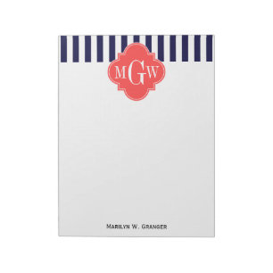 Bloco De Notas Marinho White Stripe Coral Vermelho Quatrefoil 3 M