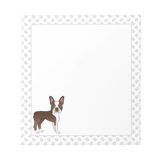 Bloco De Notas Marrom e White Boston Terrier Cartoon Dog & Paws (Frente)