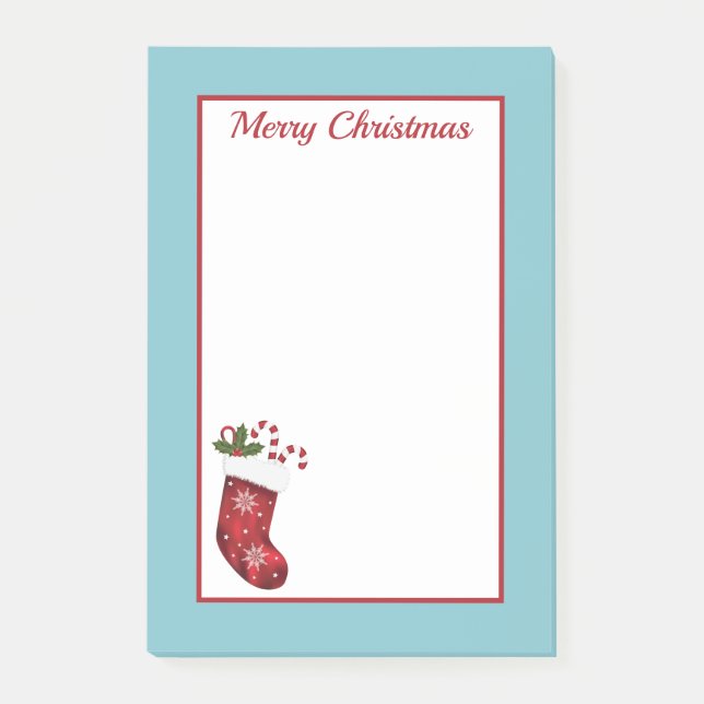 Bloco De Notas Meia de Natal Vermelha com Texto Azul e Personaliz (Frente)