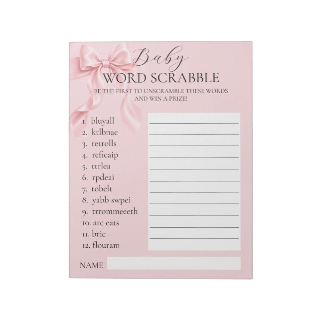 Bloco De Notas Menina de Laço Rosa Chuvada de Bebê Jogo de Palavr (Invertido)