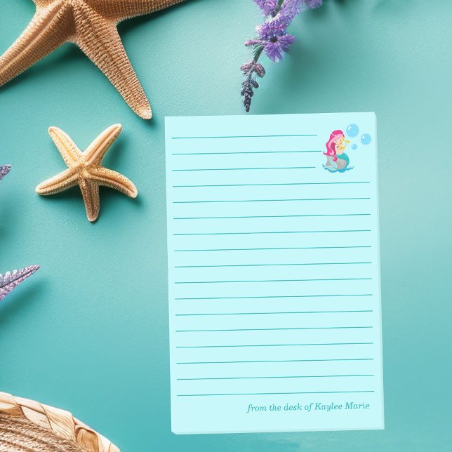 Bloco De Notas Menina Sereia Fofa Praia Lined Teal Personalizada (Criador carregado)