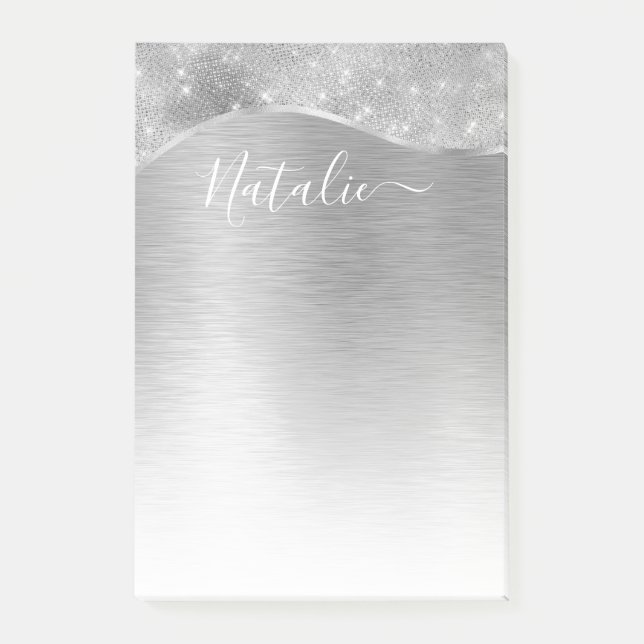 Bloco De Notas Metálico Personalizado Da Glitter De Prata Glam (Frente)