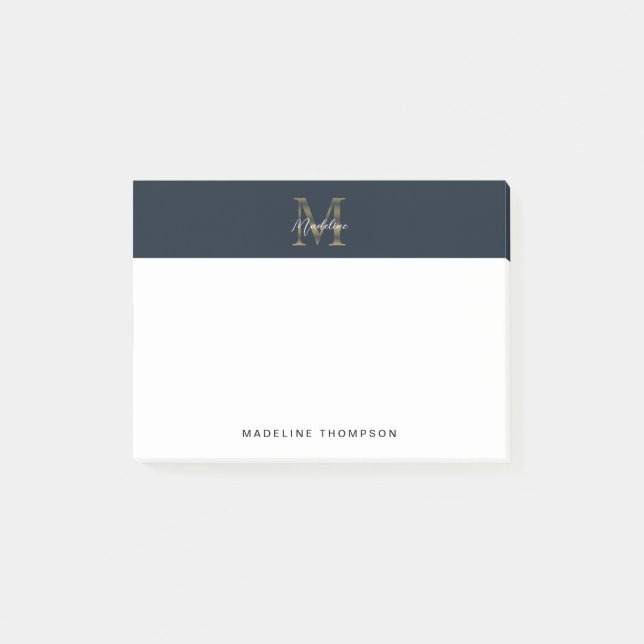 Bloco De Notas Minimalist Script Metallic Navy Blue Gold Monogram (Frente)