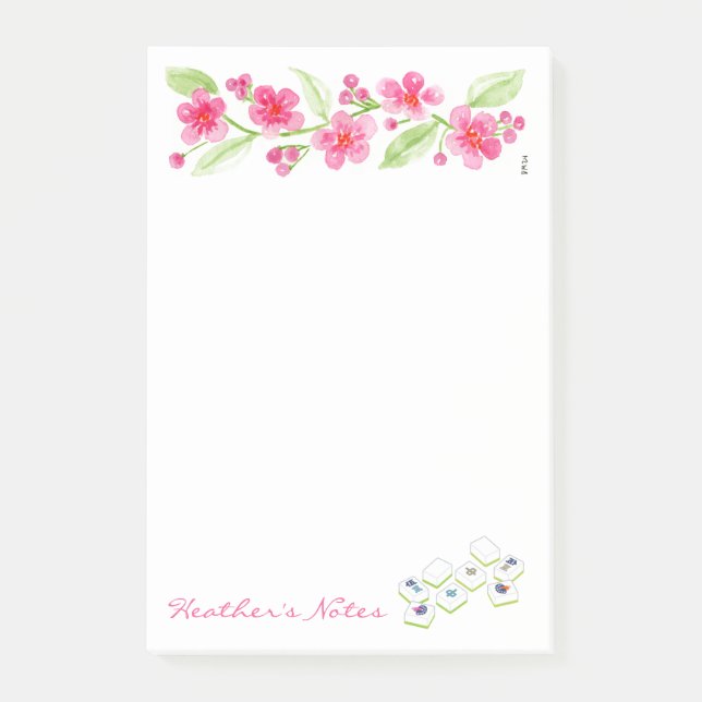 Bloco De Notas Mó nome Flor de Cerejeira Aquarela Mahjong (Frente)