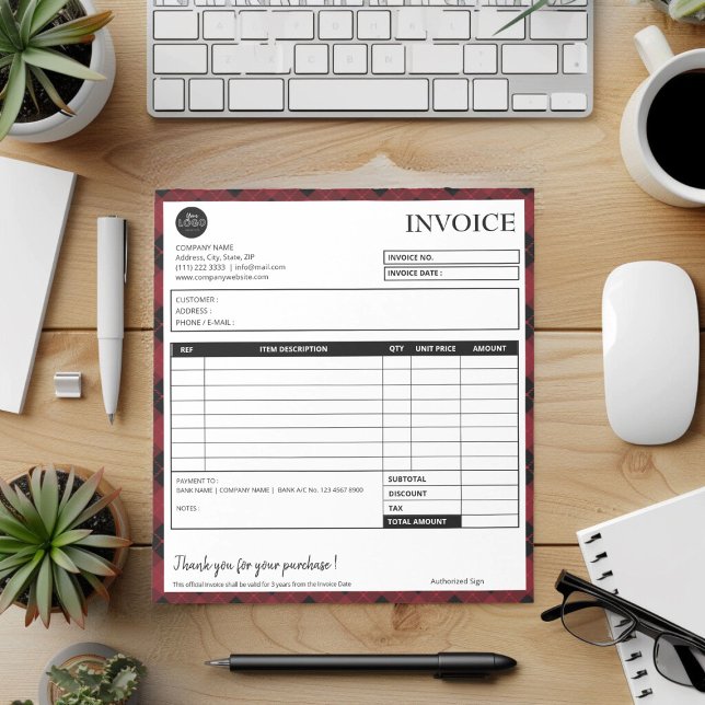 Bloco De Notas Modelo de Fatura Comercial de Borda de Xadrez Míni (Minimalist plaid border festive invoice template)