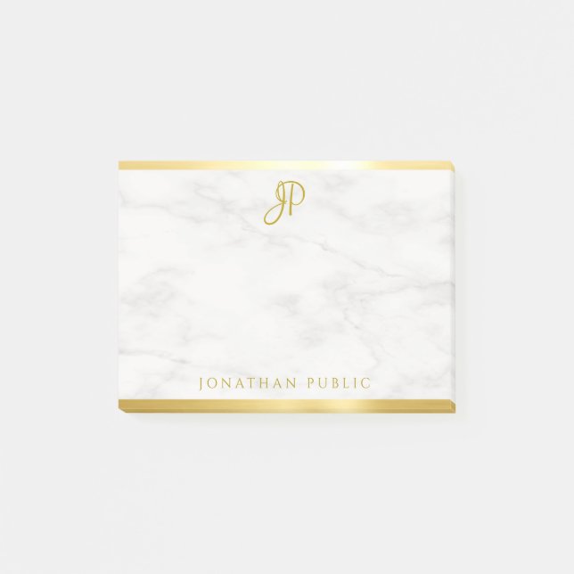 Bloco De Notas Modelo de Monograma Dourado de Marble Branco (Frente)
