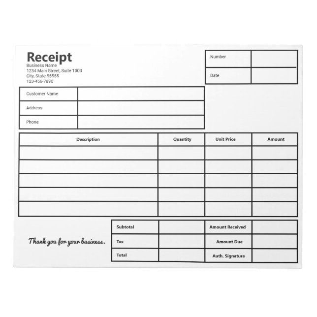 Bloco De Notas Modelo de negócios simples preto-e-branco (Frente)