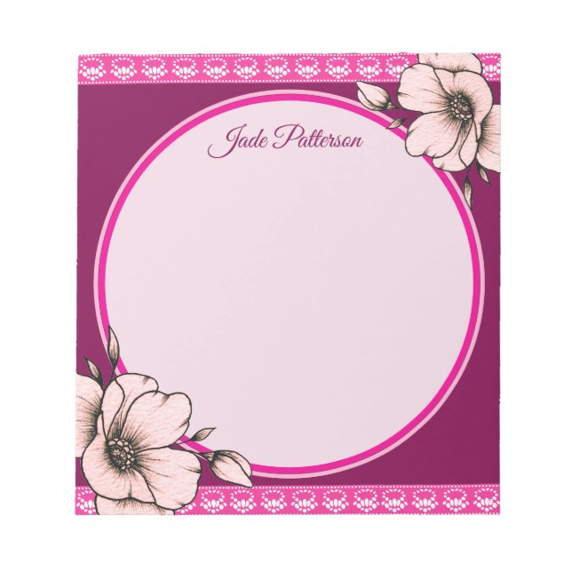Bloco De Notas Modelo de Nome de Quadro Circular Floral Rosa e Bo (Frente)