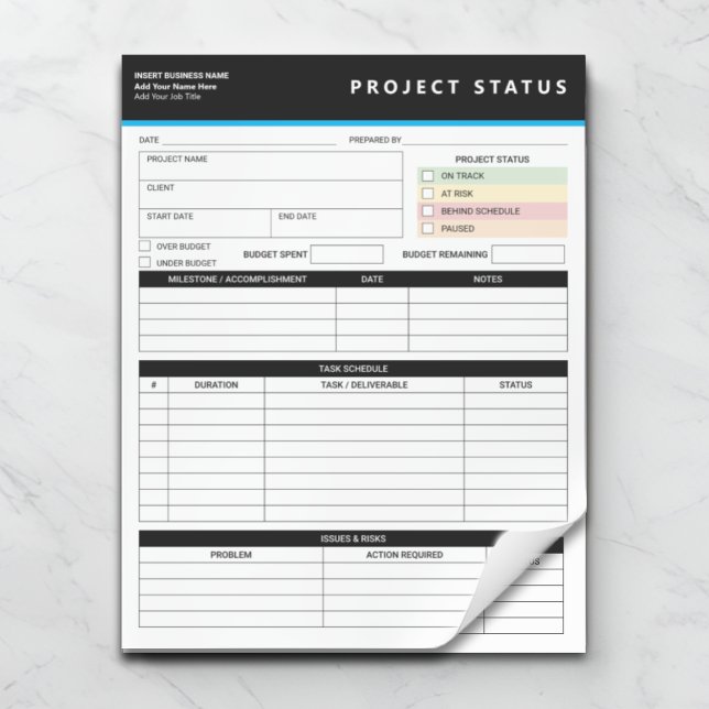 Bloco De Notas Modelo de Relatório de Status de Projeto Personali (Criador carregado)