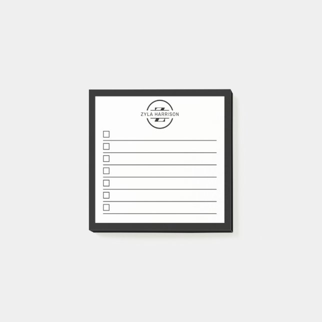 Bloco De Notas Modern Black White Monogram Name To Do List (Frente)
