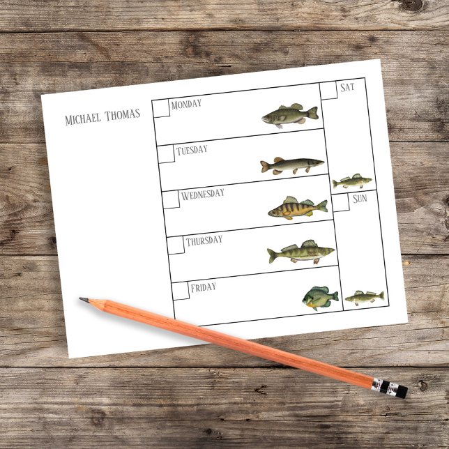 Bloco De Notas Modern Simple Fisherman Fish Weekly Calendar (Fishing weekly calendar. with the days of the week and freshwater fish.)