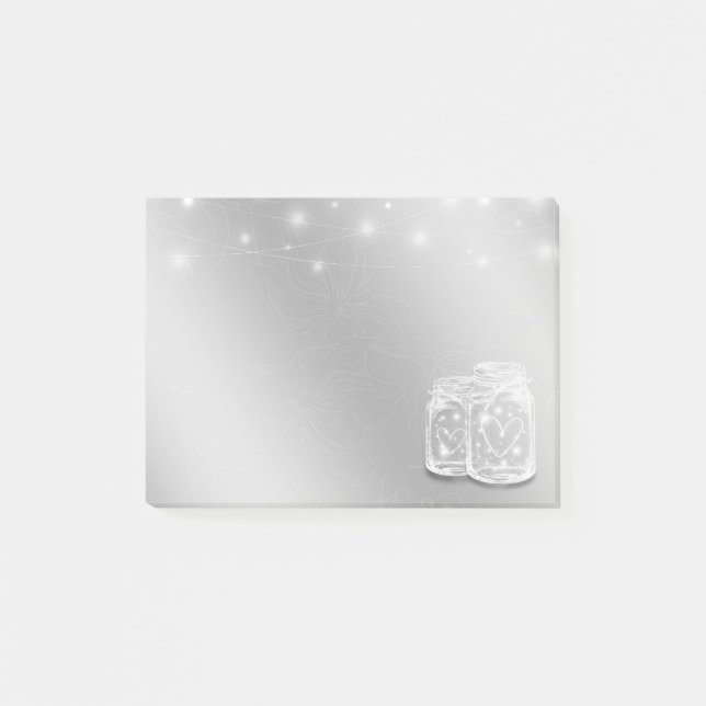 Bloco De Notas Moderno Chic Mason Jars String Luz Flor Prateado (Frente)