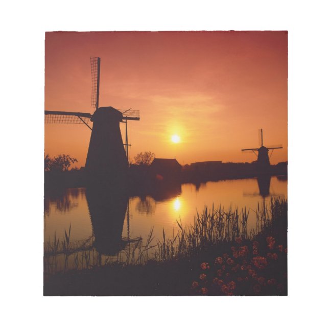 Bloco De Notas Moinhos de vento ao pôr do sol, Kinderdijk, Holand (Frente)
