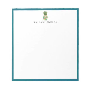 Bloco De Notas Moldura Azul Abacaxi Floral Botânico