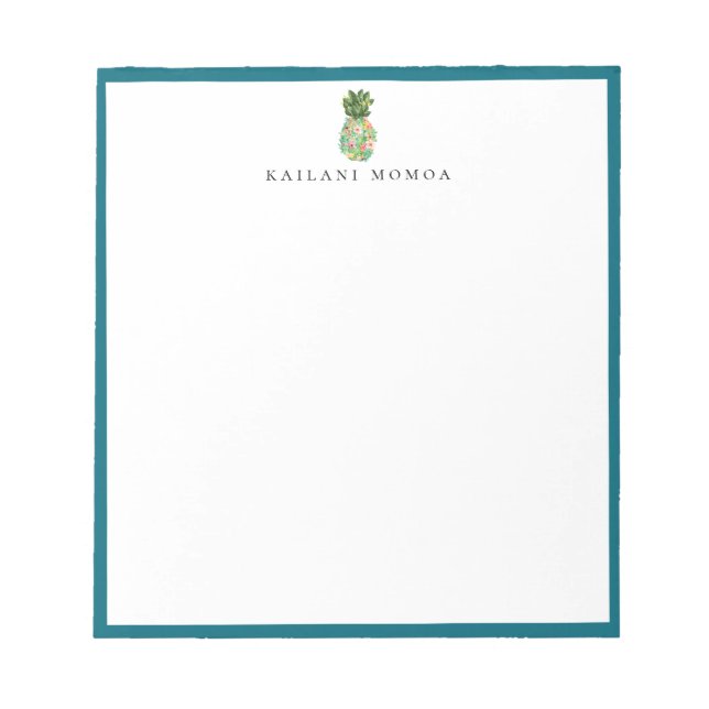 Bloco De Notas Moldura Azul Abacaxi Floral Botânico (Frente)