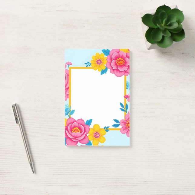 Bloco De Notas Moldura Floral com Flores Vibrantes (Escritótio)