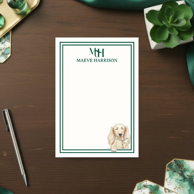 Bloco De Notas Monogram Hand Drawn Dachshund Reading (Gift custom stationery to the dog lover in your life! )