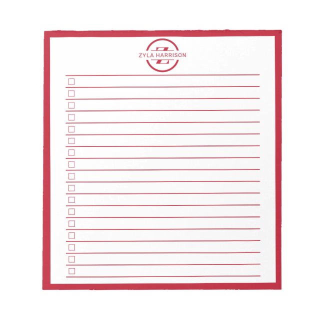 Bloco De Notas Monogram Minimalist Red Name To Do List (Frente)
