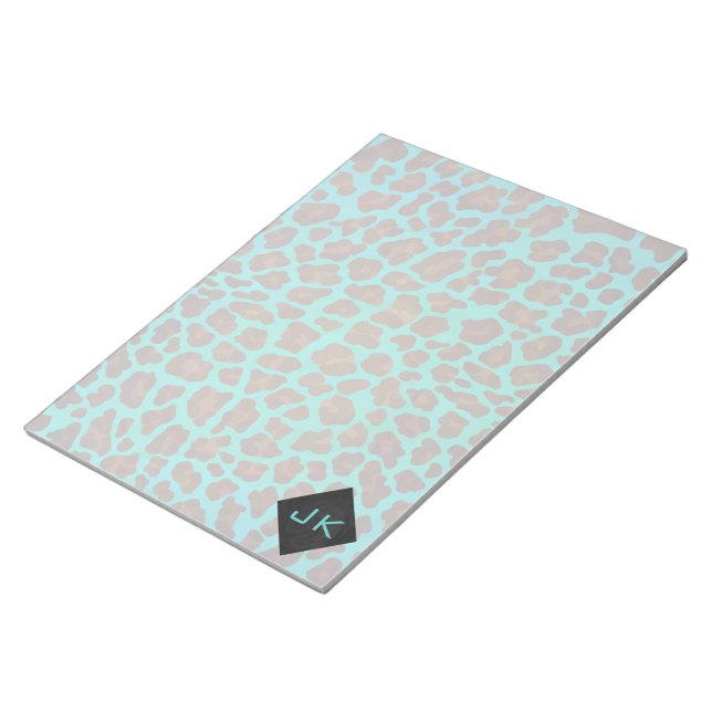 Bloco De Notas Monograma Azul Turquesa e Leopard Brown (Inclinado)