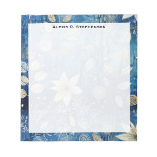Bloco De Notas Monograma Botânico de Inverno Azul Índigo Elegante