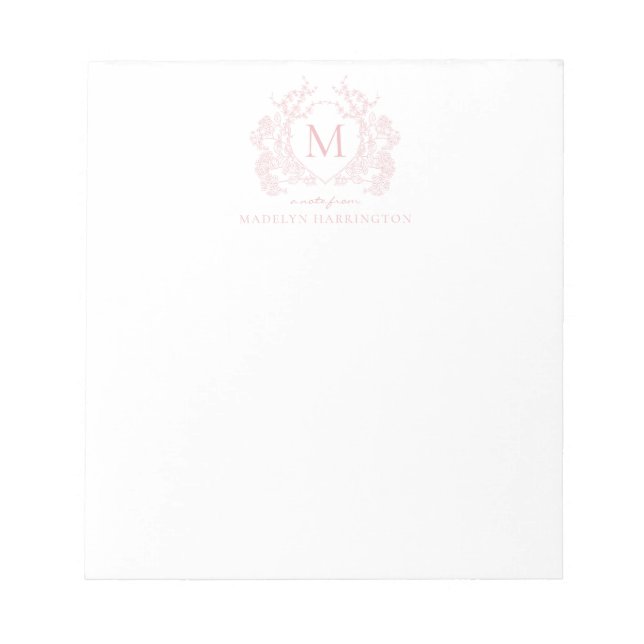 Bloco De Notas Monograma Clássico Blush Pink Floral Crest (Frente)