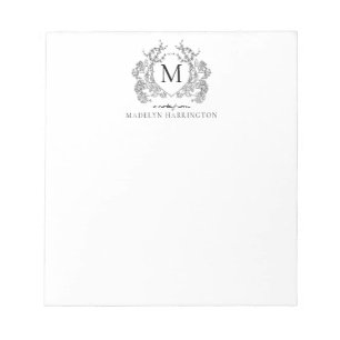 Bloco De Notas Monograma Clássico de Pó Floral Branco e Preto