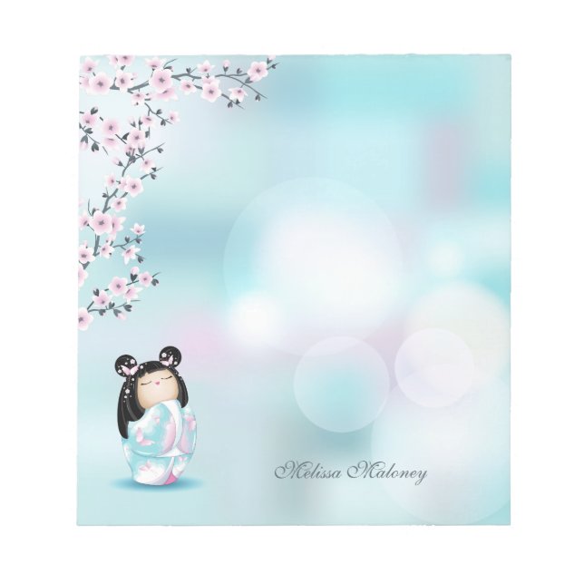 Bloco De Notas Monograma da Turquesa Rosa Kokeshi (Frente)