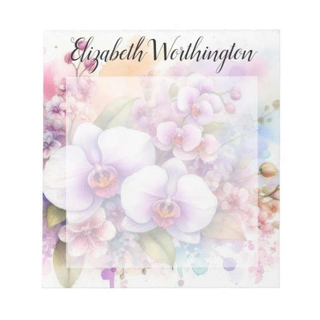 Bloco De Notas Monograma de aquarela floral com flores de orquíde (Frente)