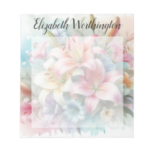 Bloco De Notas Monograma de aquarela floral com lírios cor-de-ros