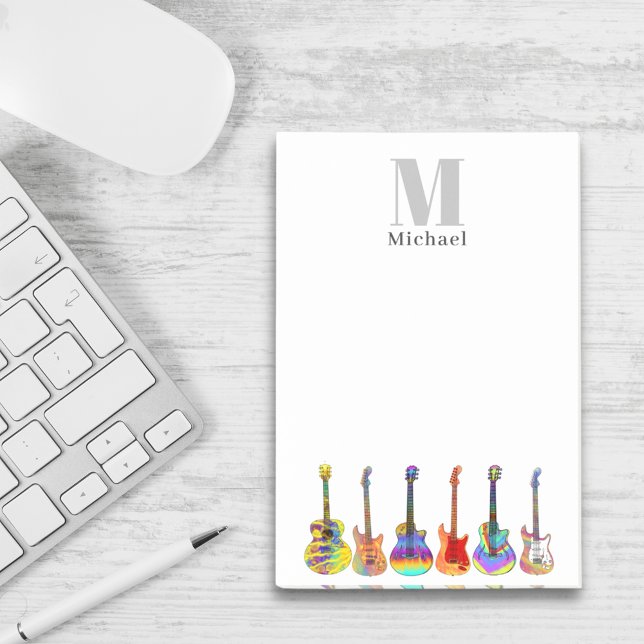 Bloco De Notas Monograma de Guitarras Coloridas (Guitar teacher custom monogram postit notes)