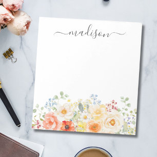 Bloco De Notas Monograma de Nome Personalizado Aquarela Floral En