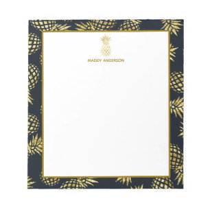 Bloco De Notas Monograma de Padrão de Abacaxi Dourado Azul Marinh