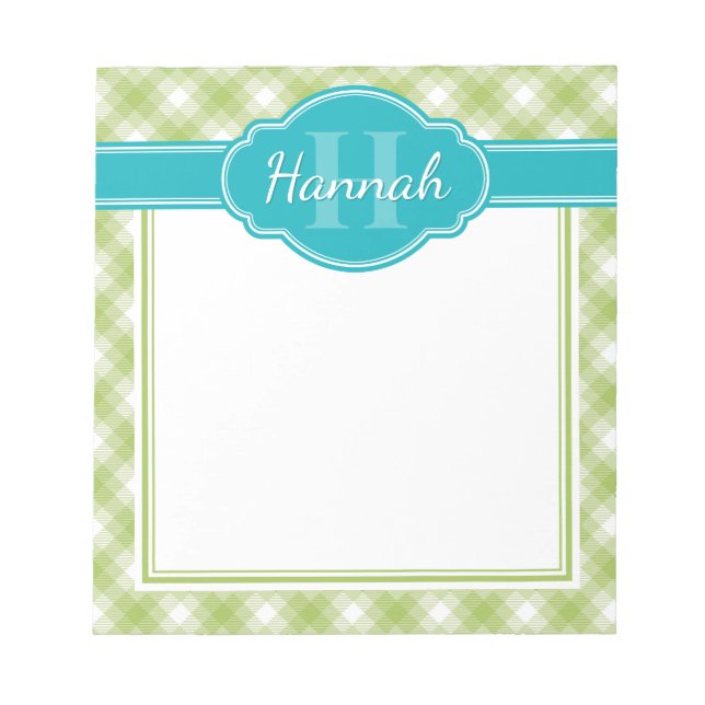 Bloco De Notas Monograma de Padrão de Xadrez Branca Verde (Frente)