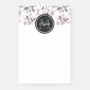 Bloco De Notas Monograma de Padrão Flor de Aquarela Rosa e Cinza