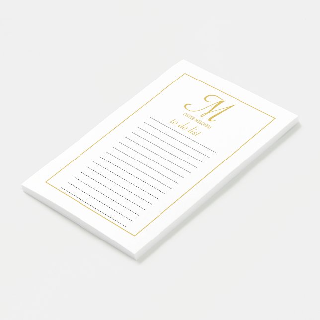 Bloco De Notas Monograma de Script Dourado e Branco Elegante para (Inclinado)
