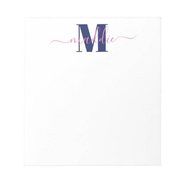 Bloco De Notas Monograma de Script Girly Trendy, Azul e Rosa (Frente)