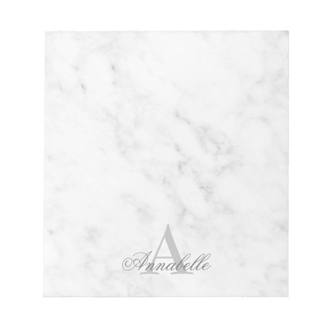 Bloco De Notas Monograma do Nome do Script Marble Branco Elegante (Frente)