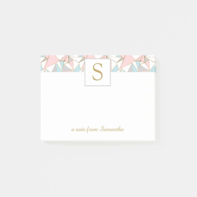 Bloco De Notas Monograma do padrão de triângulo geométrico, rosa  (Frente)