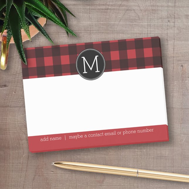 Bloco De Notas Monograma do Padrão Rustic Red & Black Buffalo Xad (Personalized post-it notes - add your name and other text)