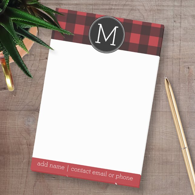 Bloco De Notas Monograma do Padrão Rustic Red & Black Buffalo Xad (Custom Post-it Note Pads - Add your name and other text)
