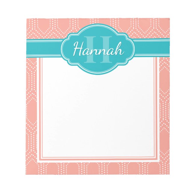 Bloco De Notas Monograma do Padrão Teal do Diamante Branco Rosa (Frente)