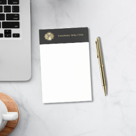 Bloco De Notas Monograma Dourado Aparência de Couro Preto Elegant
