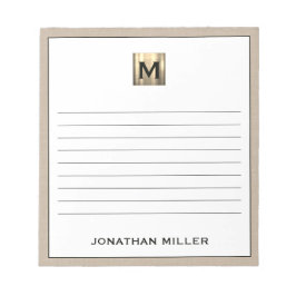 Bloco De Notas Monograma Dourado de Linen Beige Personalizado