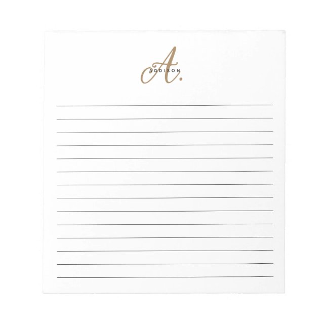 Bloco De Notas Monograma Dourado de Script Preto Elegante Vincula (Frente)